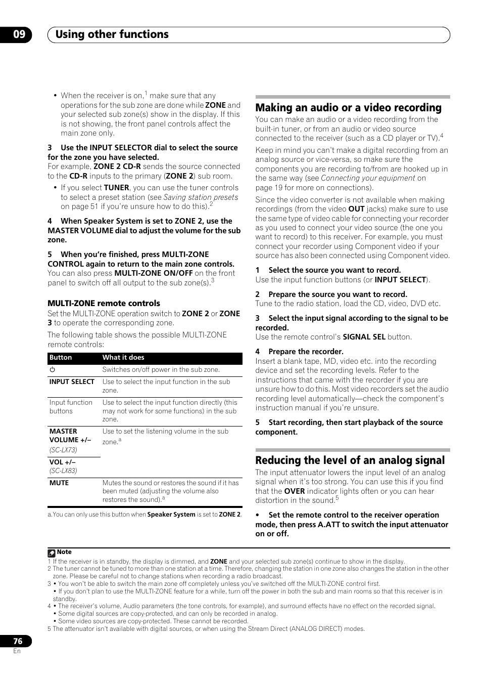 Making an audio or a video recording, Reducing the level of an analog signal, Using other functions 09 | Pioneer SC-LX73 User Manual | Page 76 / 146