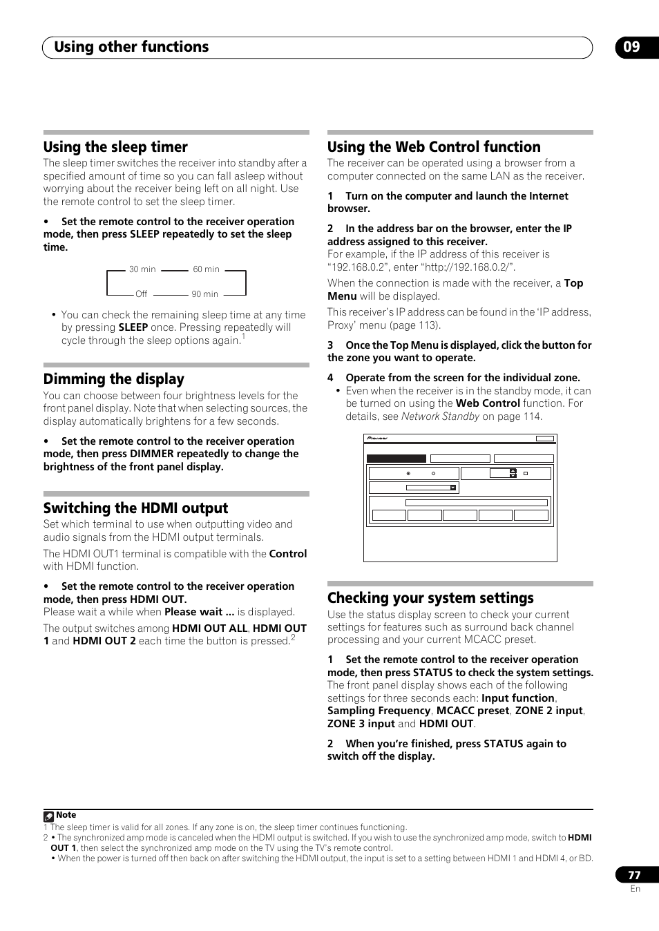 Using the sleep timer, Dimming the display, Switching the hdmi output | Using the web control function, Checking your system settings, Using other functions 09 | Pioneer SC-LX73 User Manual | Page 77 / 146