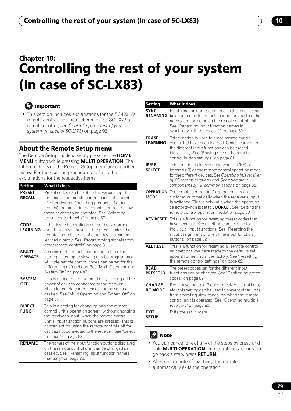 About the remote setup menu, Chapter 10 | Pioneer SC-LX73 User Manual | Page 79 / 146