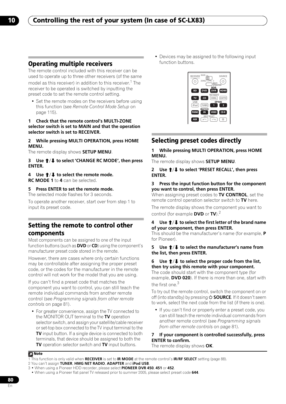 Operating multiple receivers, Setting the remote to control other components, Selecting preset codes directly | Pioneer SC-LX73 User Manual | Page 80 / 146