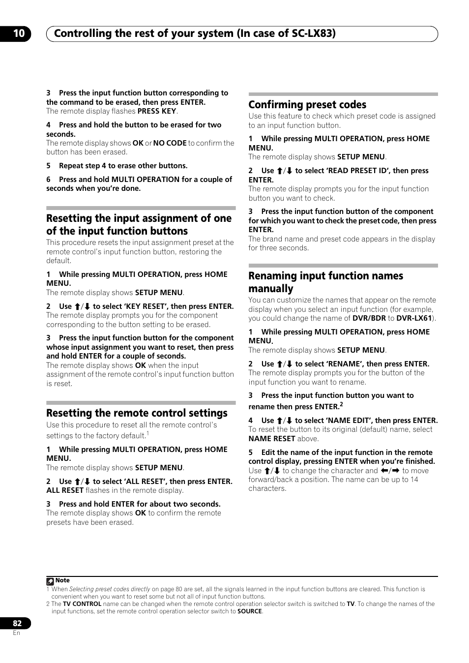 Resetting the remote control settings, Confirming preset codes, Renaming input function names manually | Pioneer SC-LX73 User Manual | Page 82 / 146