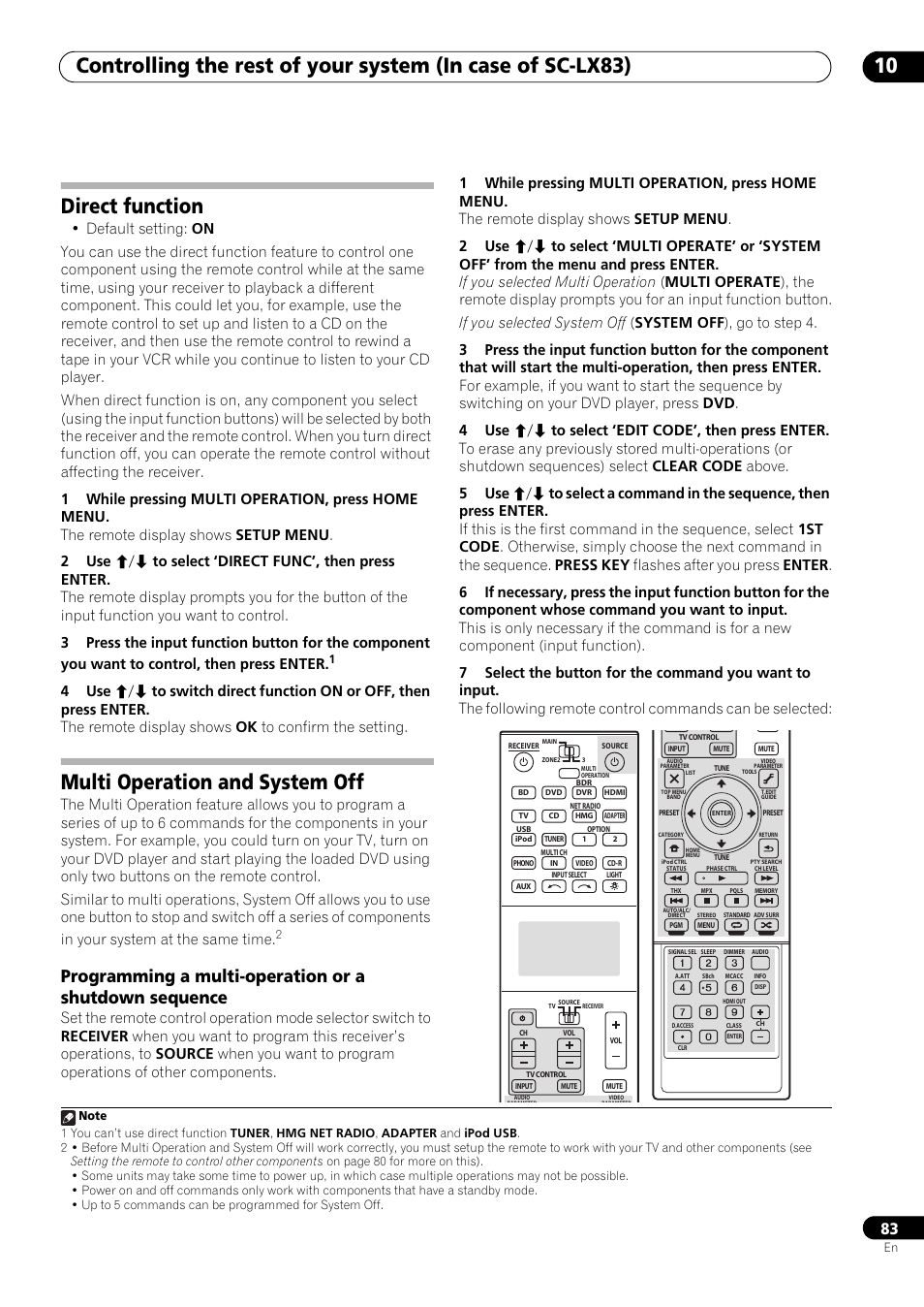 Direct function, Multi operation and system off | Pioneer SC-LX73 User Manual | Page 83 / 146