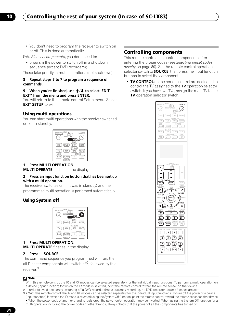 Using multi operations, Using system off, Controlling components | Followed by this receiver | Pioneer SC-LX73 User Manual | Page 84 / 146
