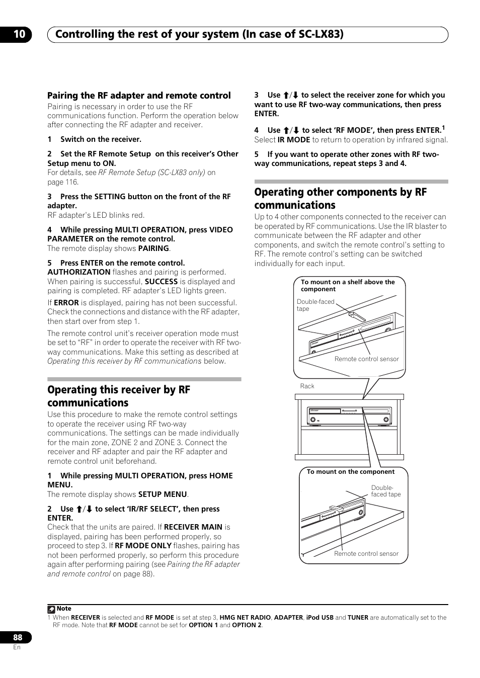 Pairing the rf adapter and remote control, Operating this receiver by rf communications, Operating other components by rf communications | Pioneer SC-LX73 User Manual | Page 88 / 146