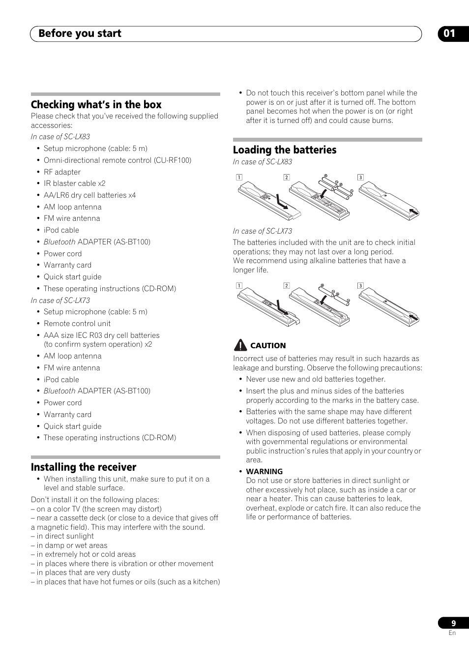 Checking what’s in the box, Installing the receiver, Loading the batteries | Before you start 01 | Pioneer SC-LX73 User Manual | Page 9 / 146