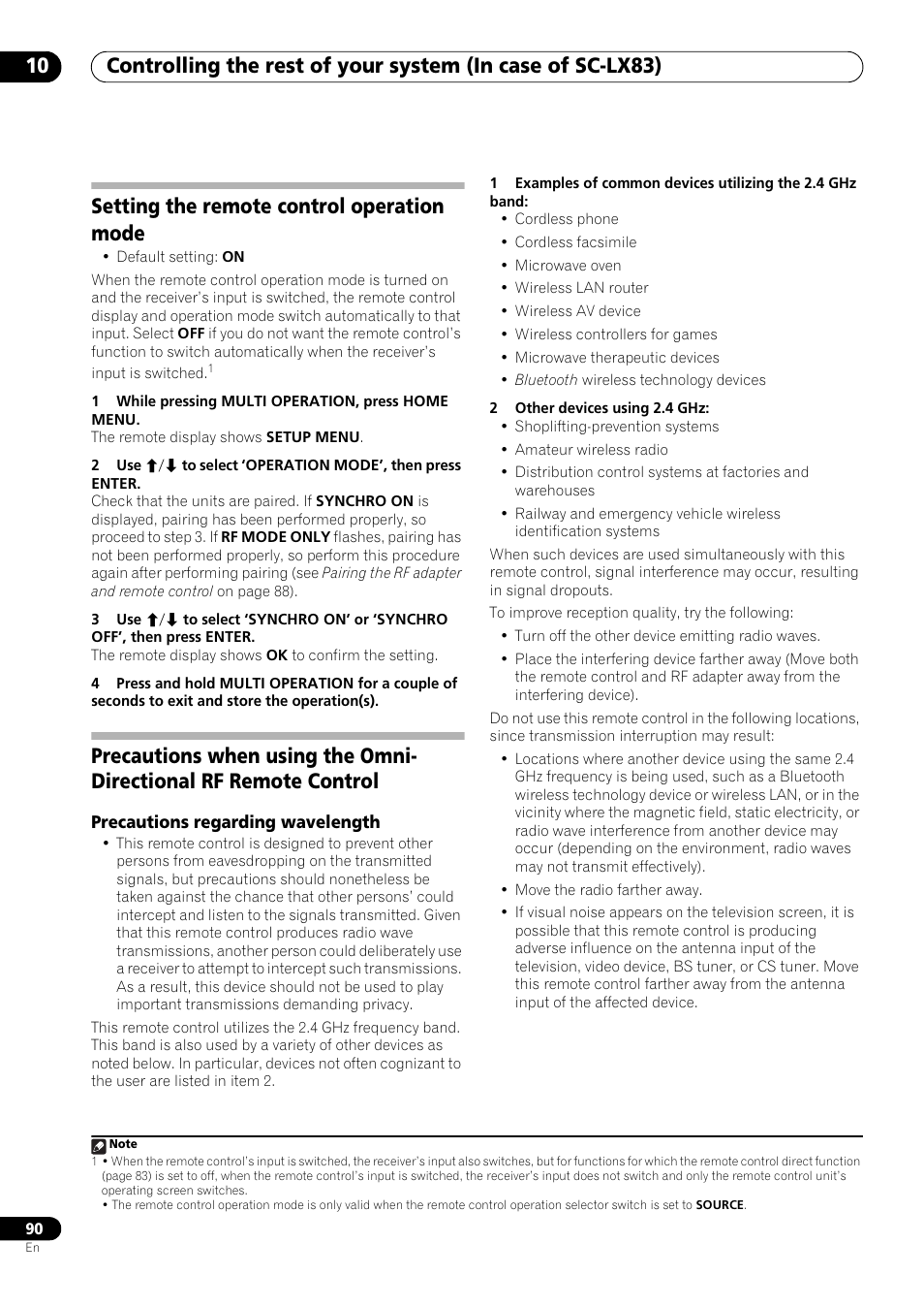 Setting the remote control operation mode, Precautions regarding wavelength | Pioneer SC-LX73 User Manual | Page 90 / 146