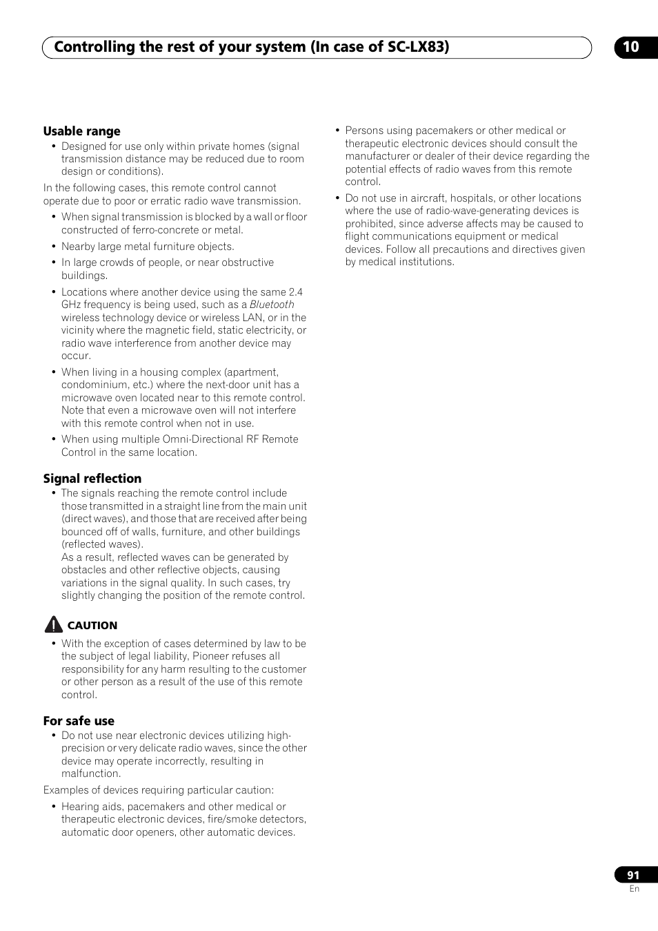 Usable range, Signal reflection, For safe use | Pioneer SC-LX73 User Manual | Page 91 / 146