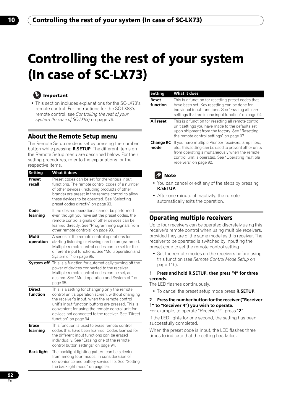 About the remote setup menu, Operating multiple receivers | Pioneer SC-LX73 User Manual | Page 92 / 146