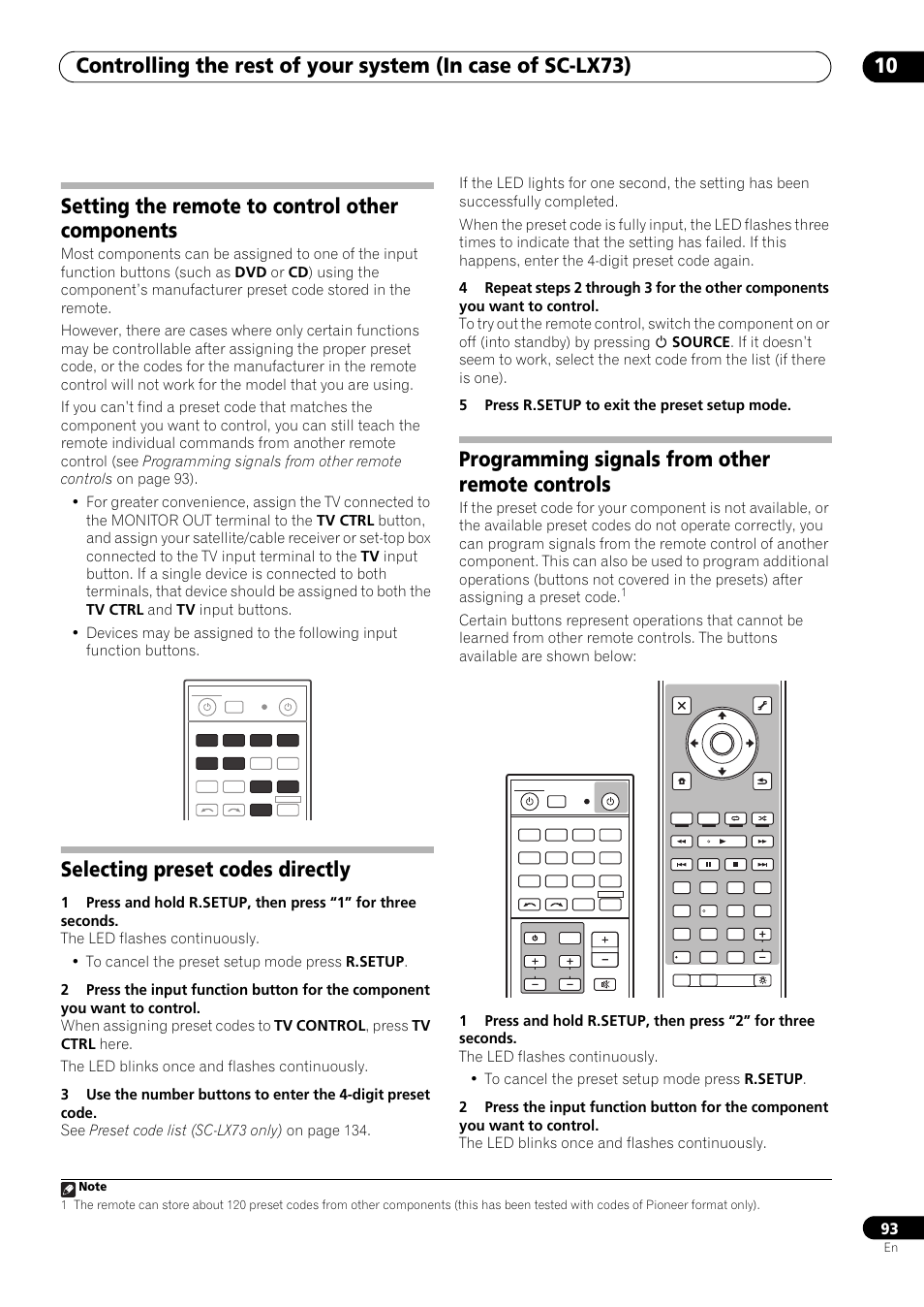 Setting the remote to control other components, Selecting preset codes directly, Programming signals from other remote controls | Pioneer SC-LX73 User Manual | Page 93 / 146