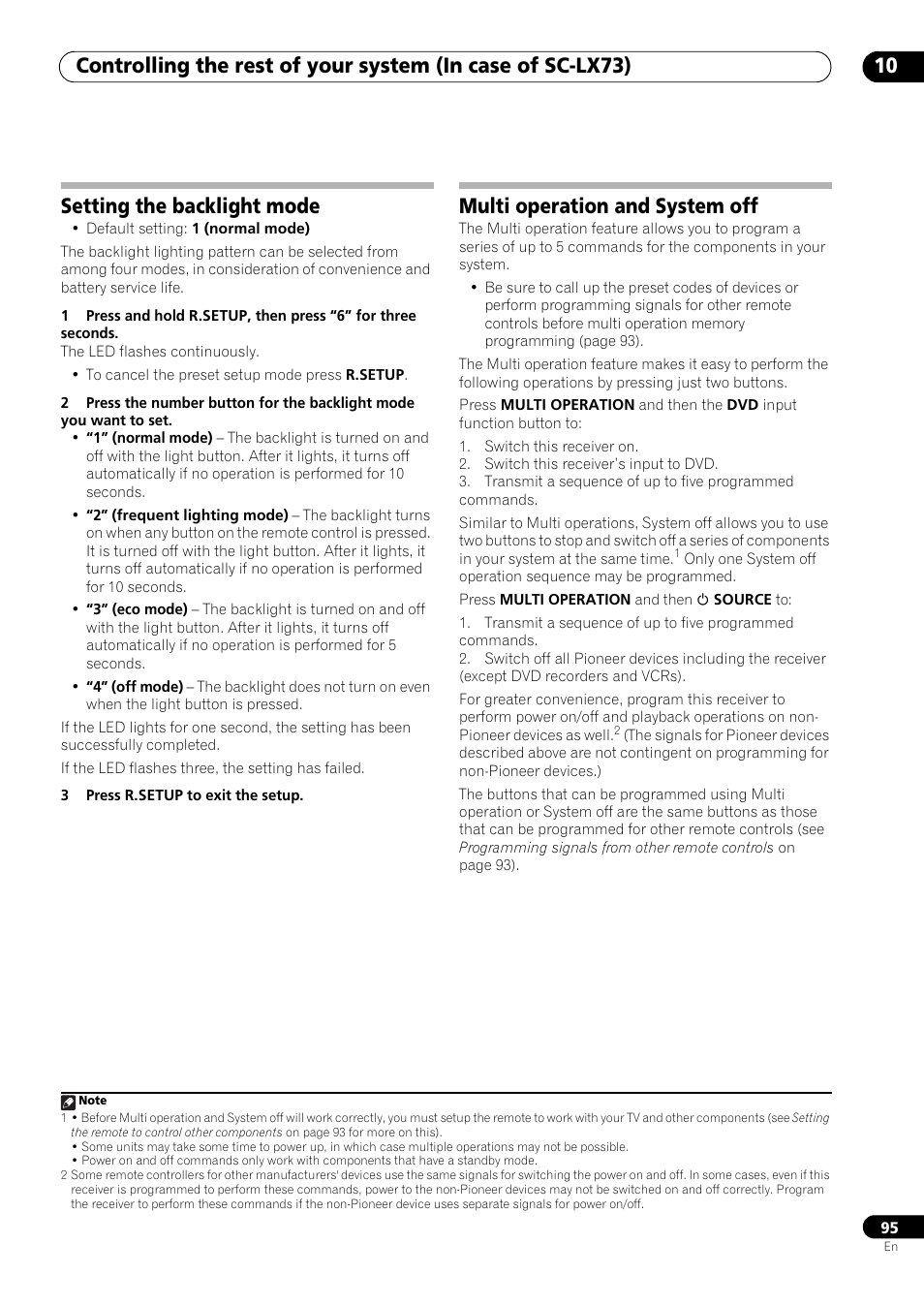 Setting the backlight mode, Multi operation and system off | Pioneer SC-LX73 User Manual | Page 95 / 146