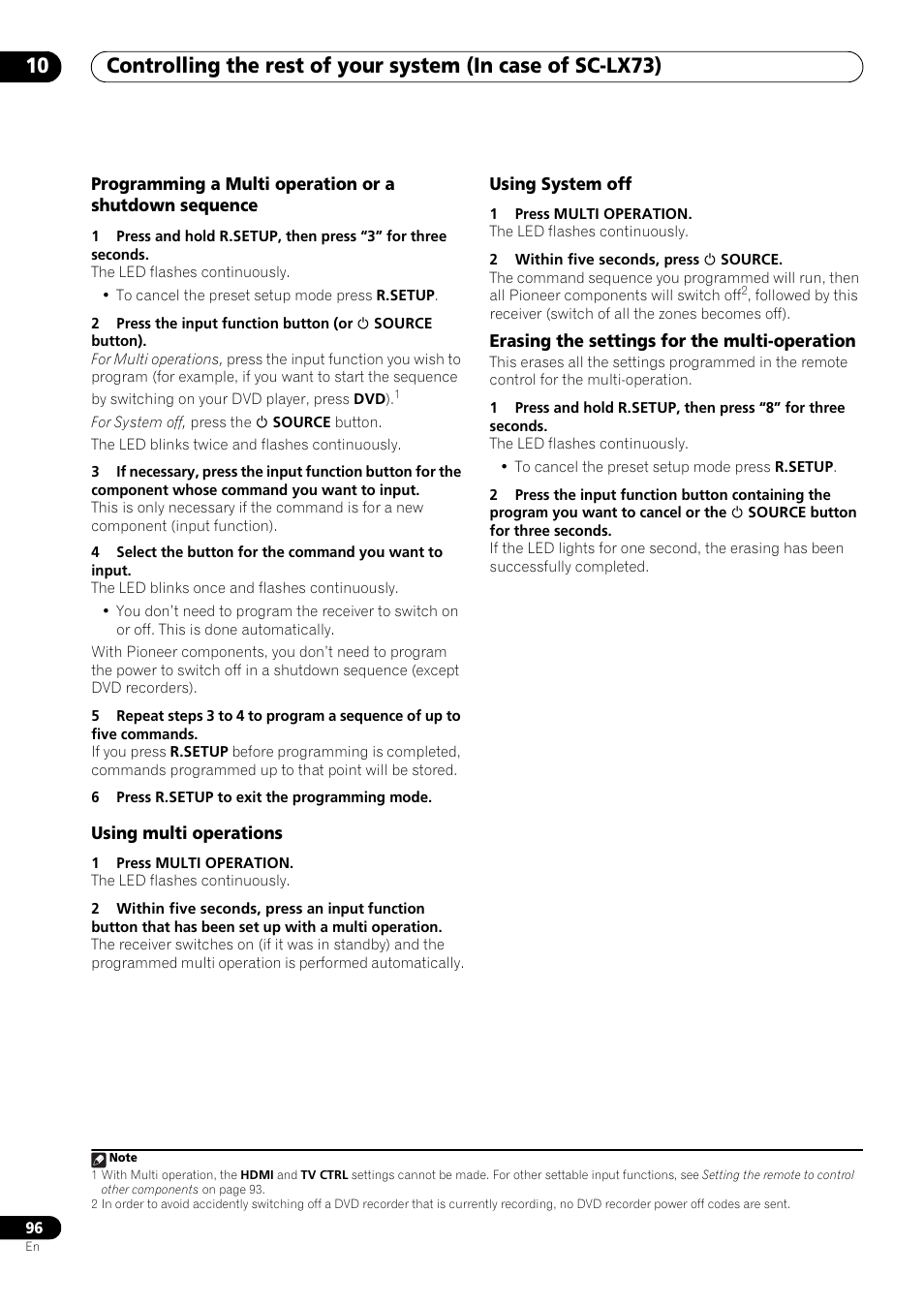 Using multi operations, Using system off, Erasing the settings for the multi-operation | Pioneer SC-LX73 User Manual | Page 96 / 146