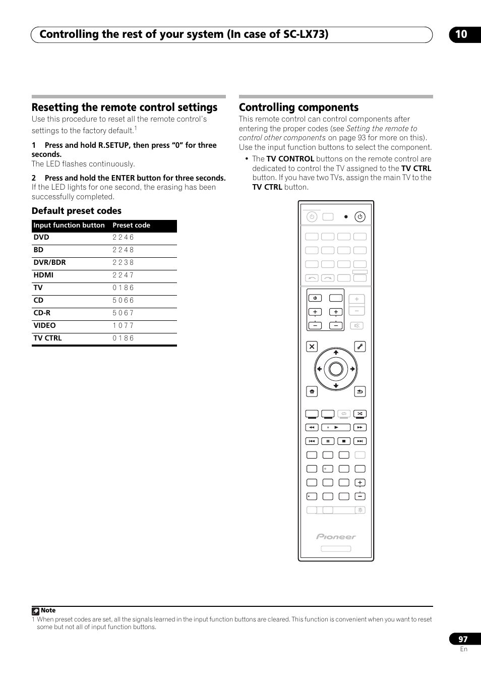 Resetting the remote control settings, Default preset codes, Controlling components | Input function button preset code | Pioneer SC-LX73 User Manual | Page 97 / 146