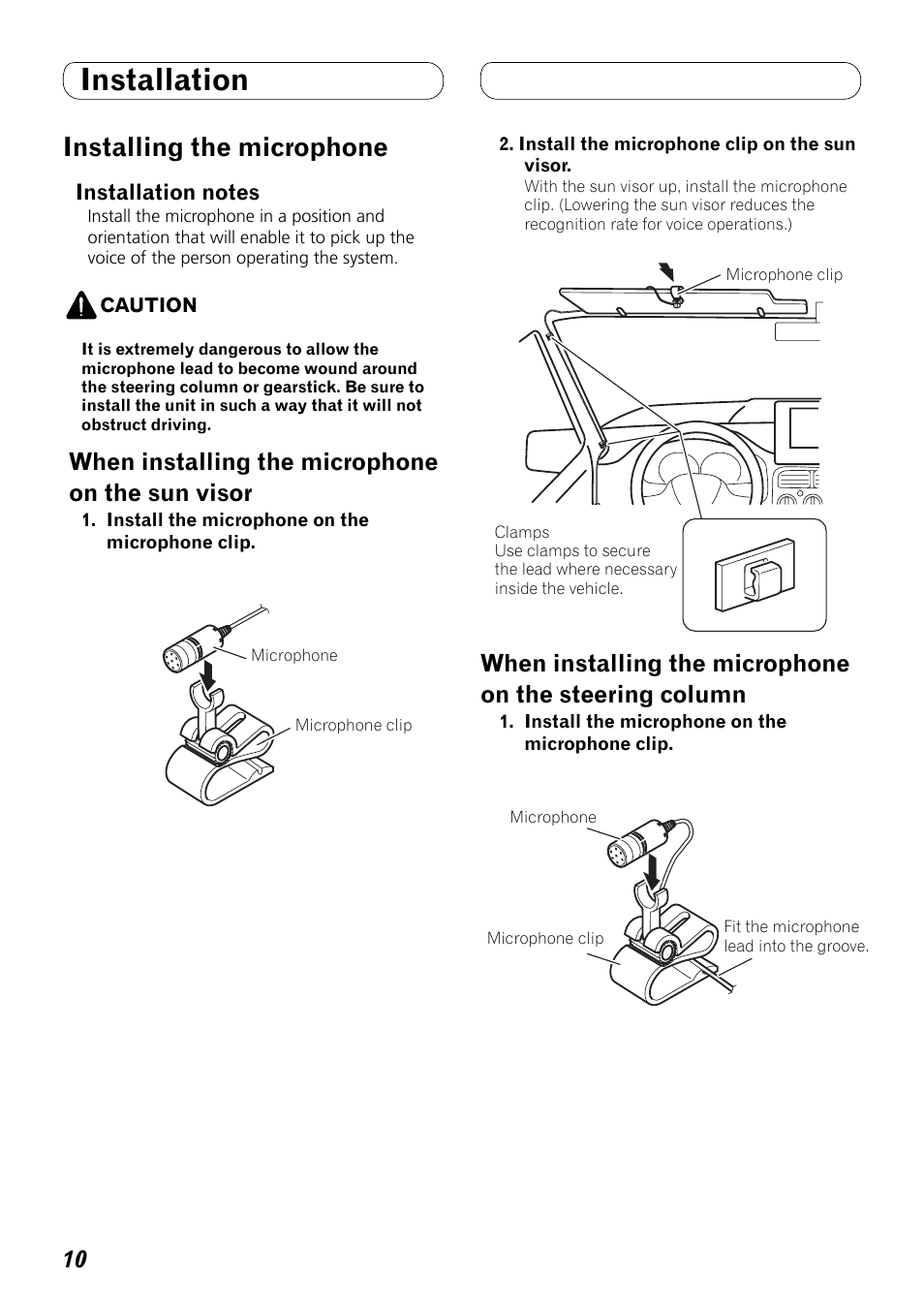 On the sun visor when installing the microphone, On the steering column, Installation | Installing the microphone, When installing the microphone on the sun visor | Pioneer FH-P80BT User Manual | Page 10 / 72