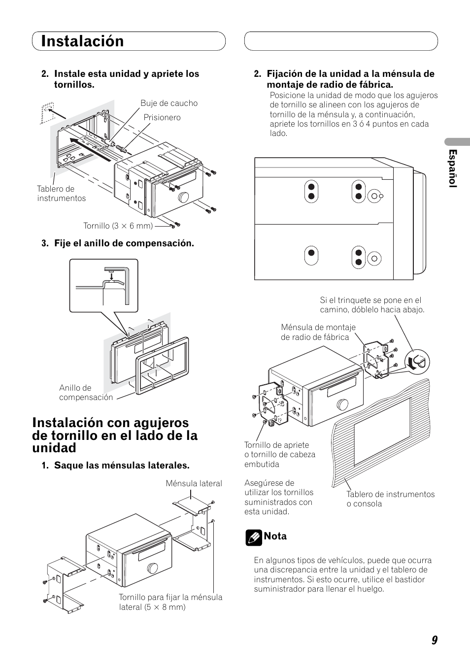 Instalación con agujeros de tornillo, En el lado de la unidad, Instalación | Pioneer FH-P80BT User Manual | Page 19 / 72