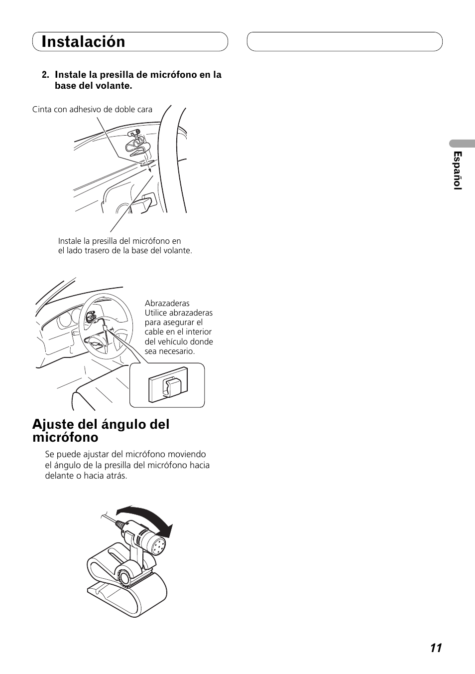 Ajuste del ángulo del micrófono, Instalación | Pioneer FH-P80BT User Manual | Page 21 / 72