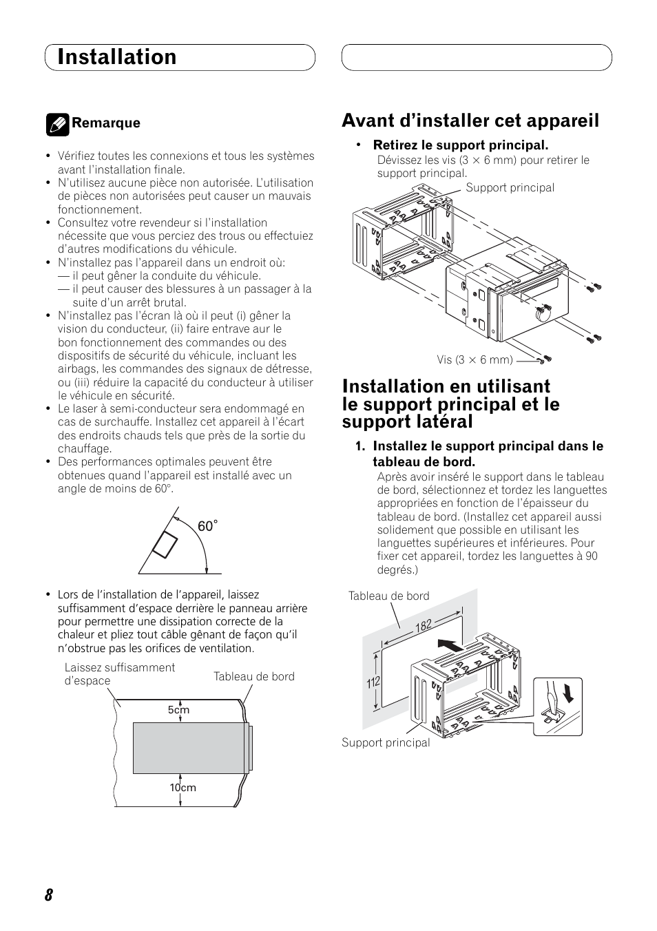 Installation, Et le support latéral, Avant d’installer cet appareil | Pioneer FH-P80BT User Manual | Page 38 / 72