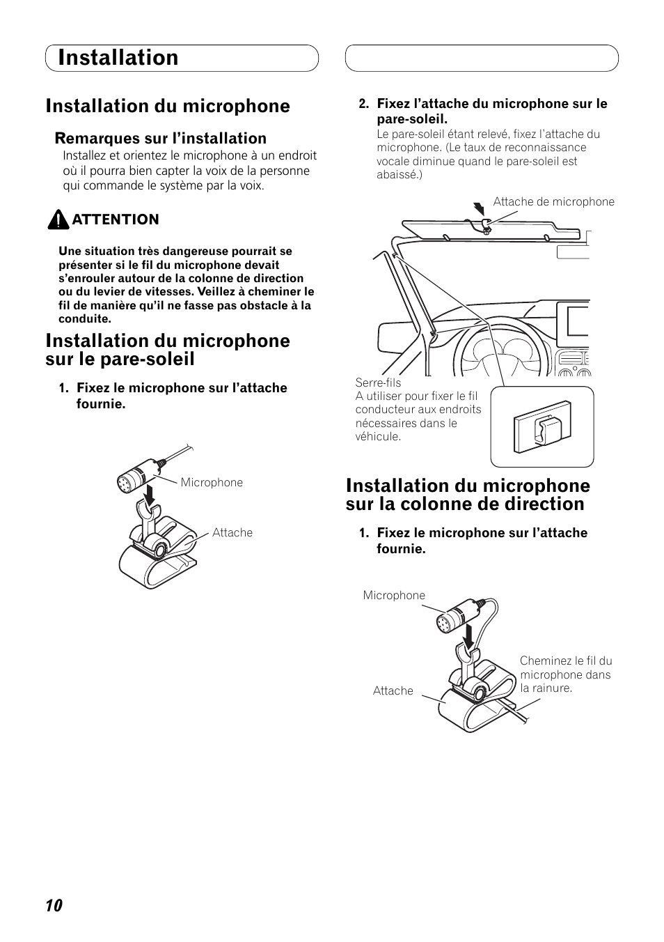 De direction, Installation, Installation du microphone | Installation du microphone sur le pare-soleil | Pioneer FH-P80BT User Manual | Page 40 / 72