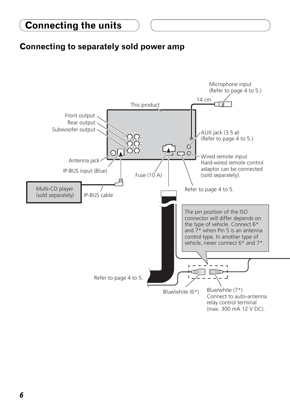 Connecting to separately sold power amp, Connecting the units | Pioneer FH-P80BT User Manual | Page 6 / 72
