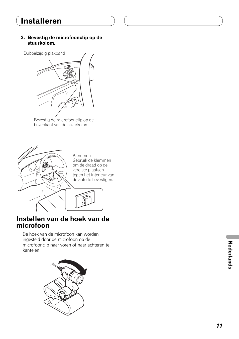 Instellen van de hoek van de microfoon, Installeren | Pioneer FH-P80BT User Manual | Page 61 / 72