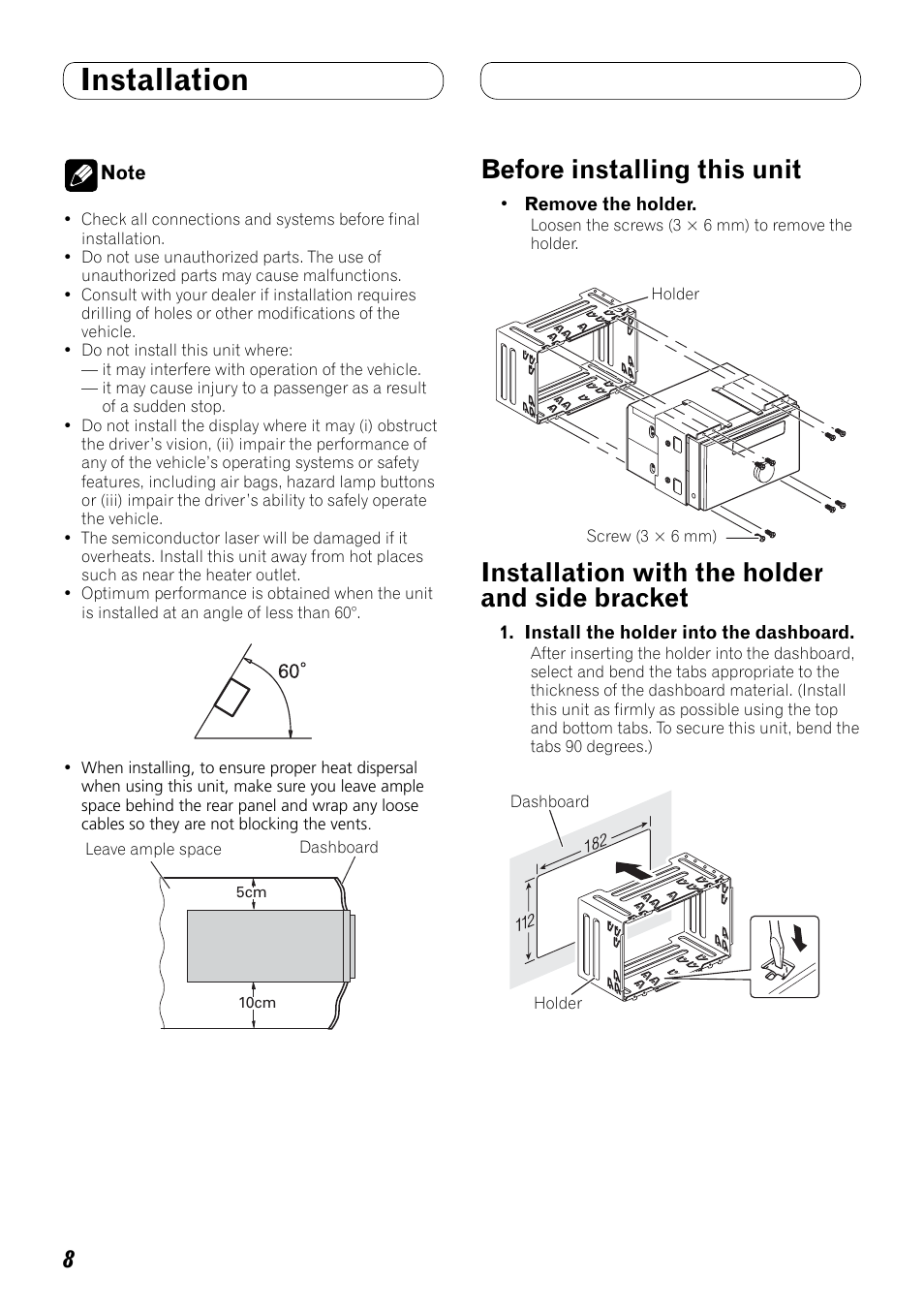 Installation, And side bracket, Before installing this unit | Installation with the holder and side bracket | Pioneer FH-P80BT User Manual | Page 8 / 72