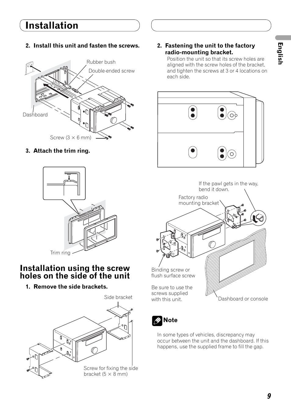 Installation using the screw holes, On the side of the unit, Installation | Pioneer FH-P80BT User Manual | Page 9 / 72