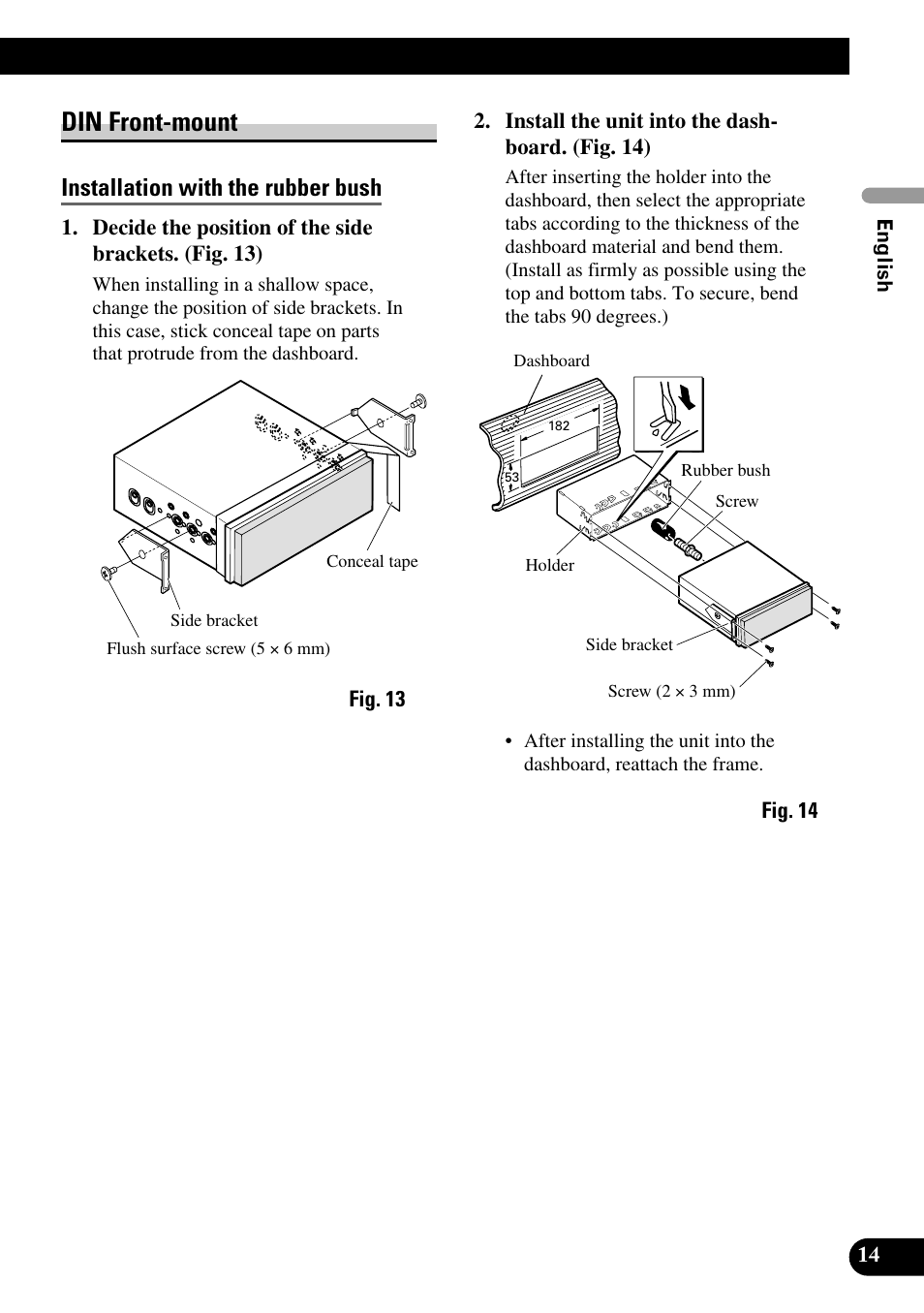 Din front-mount, Installation with the rubber bush | Pioneer AVH-P7500DVD User Manual | Page 15 / 100