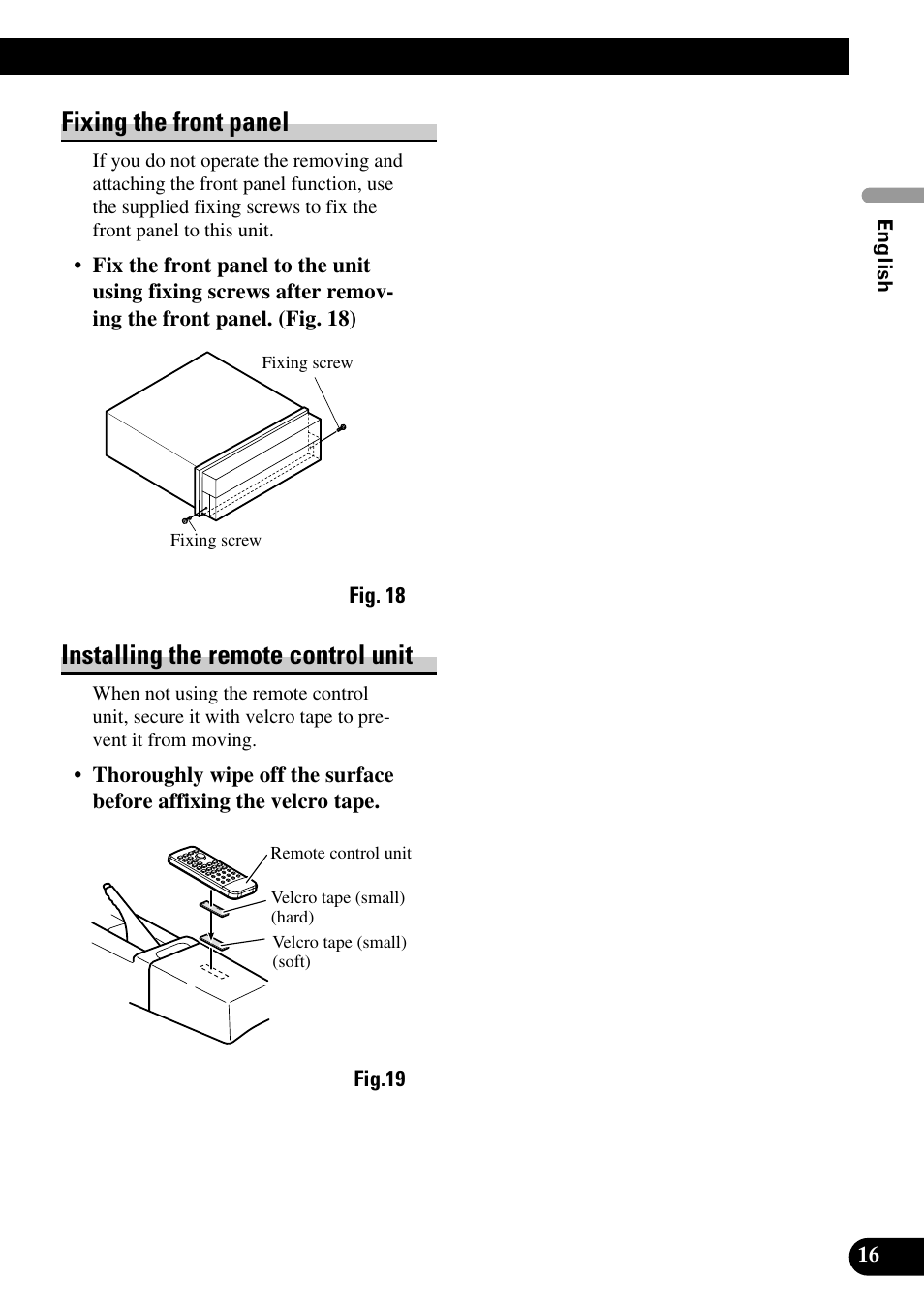 Fixing the front panel, Installing the remote control unit | Pioneer AVH-P7500DVD User Manual | Page 17 / 100