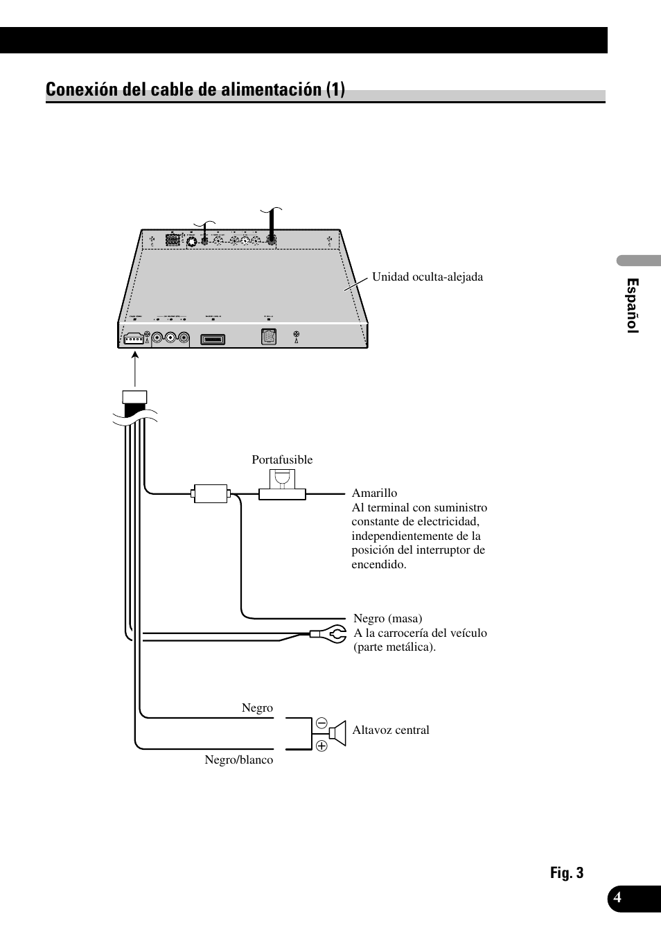 Conexión del cable de alimentación (1) | Pioneer AVH-P7500DVD User Manual | Page 21 / 100