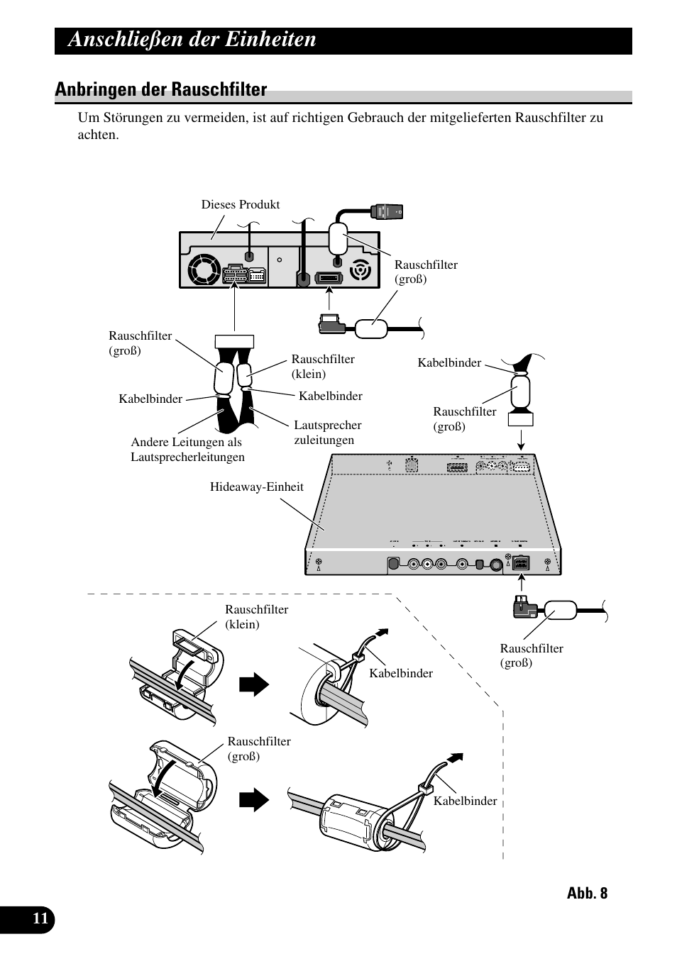 Anbringen der rauschfilter, Anschließen der einheiten | Pioneer AVH-P7500DVD User Manual | Page 44 / 100