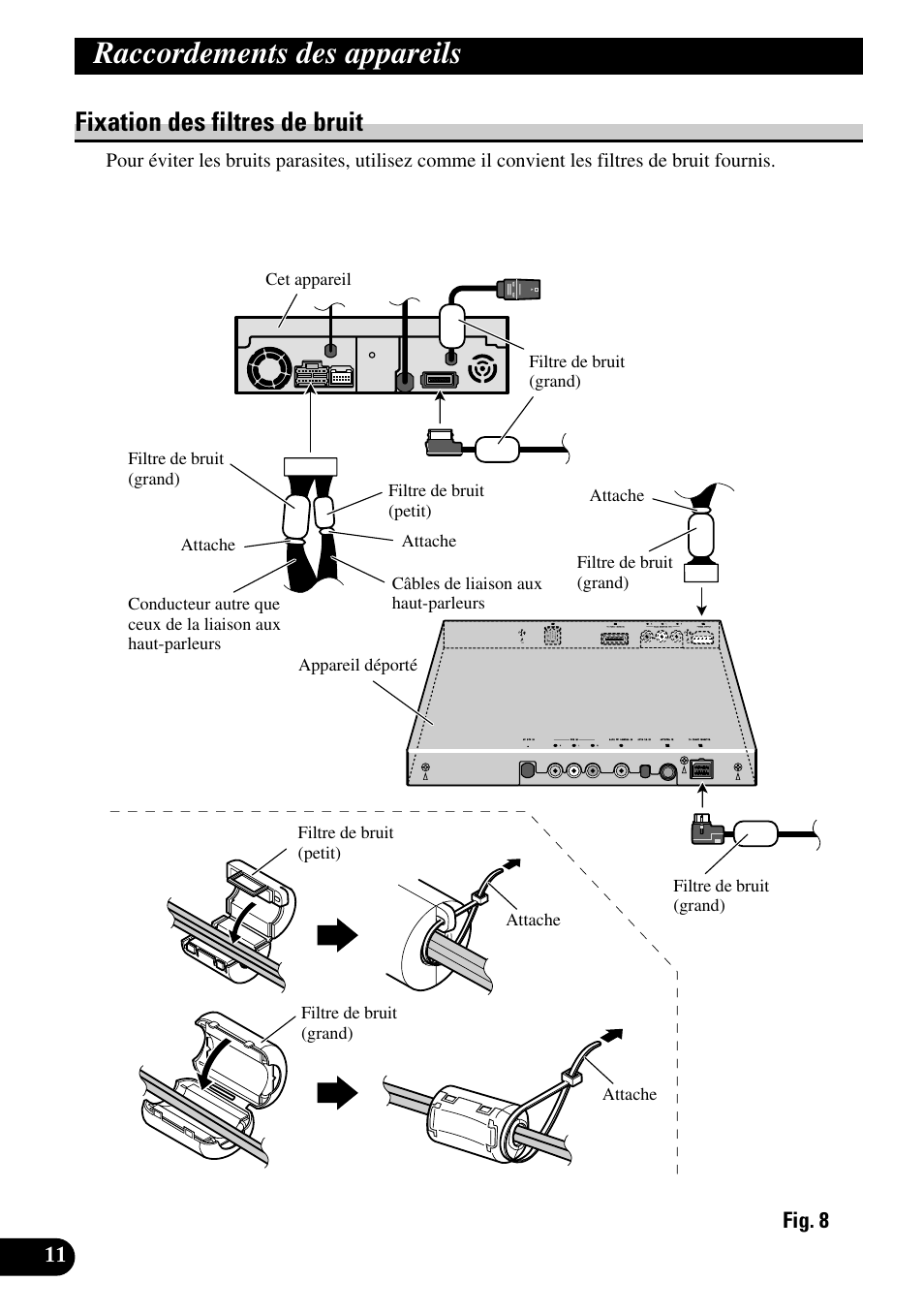 Fixation des filtres de bruit, Raccordements des appareils | Pioneer AVH-P7500DVD User Manual | Page 60 / 100