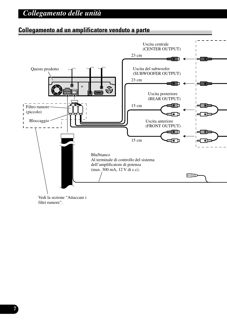 Collegamento ad un amplificatore venduto, A parte, Collegamento delle unità | Collegamento ad un amplificatore venduto a parte | Pioneer AVH-P7500DVD User Manual | Page 72 / 100