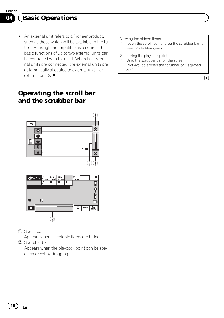 Operating the scroll bar and the scrubber, Operating the scroll bar and the scrubber bar, 04 basic operations | Pioneer AVH-P4200DVD User Manual | Page 10 / 96