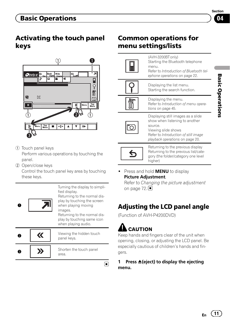 Activating the touch panel keys, Common operations for menu settings, Lists | Adjusting the lcd panel angle, Common operations for menu settings/lists, Basic operations | Pioneer AVH-P4200DVD User Manual | Page 11 / 96