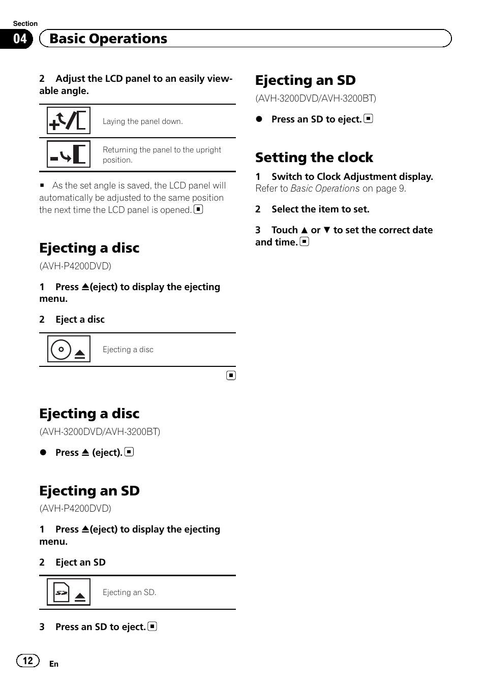 Ejecting a disc, Ejecting an sd, Setting the clock | 04 basic operations | Pioneer AVH-P4200DVD User Manual | Page 12 / 96