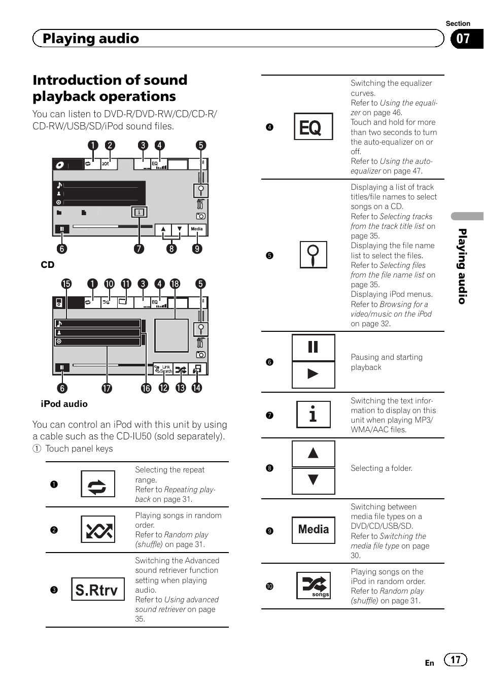 Playing audio introduction of sound playback, Operations, Introduction of sound playback operations | Playing audio | Pioneer AVH-P4200DVD User Manual | Page 17 / 96
