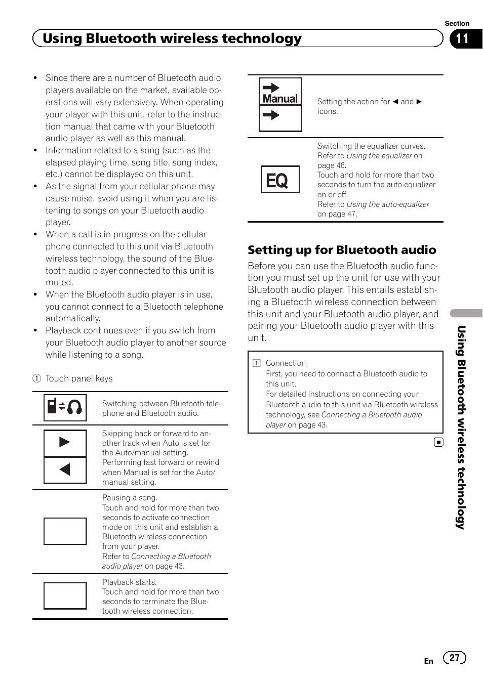 Using bluetooth wireless technology, Setting up for bluetooth audio | Pioneer AVH-P4200DVD User Manual | Page 27 / 96