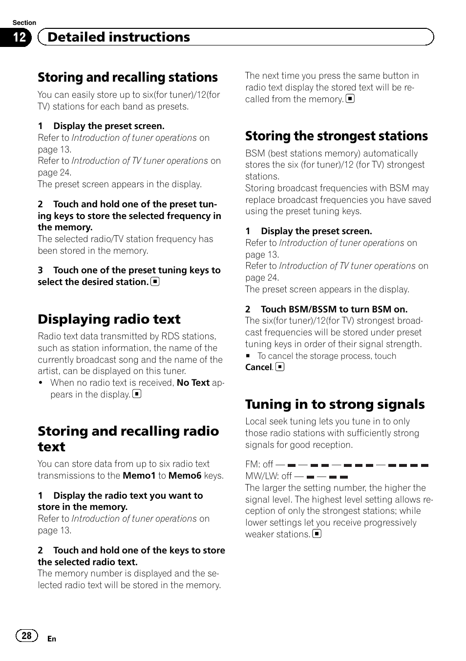 Displaying radio text, Storing and recalling radio text, Storing the strongest stations | Tuning in to strong signals, Storing and recalling stations, 12 detailed instructions | Pioneer AVH-P4200DVD User Manual | Page 28 / 96