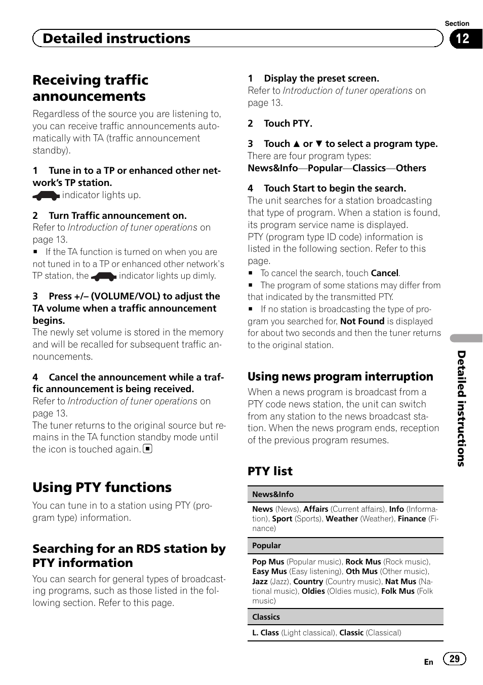 Receiving traffic announcements, Using pty functions, Detailed instructions | Searching for an rds station by pty information, Using news program interruption, Pty list | Pioneer AVH-P4200DVD User Manual | Page 29 / 96