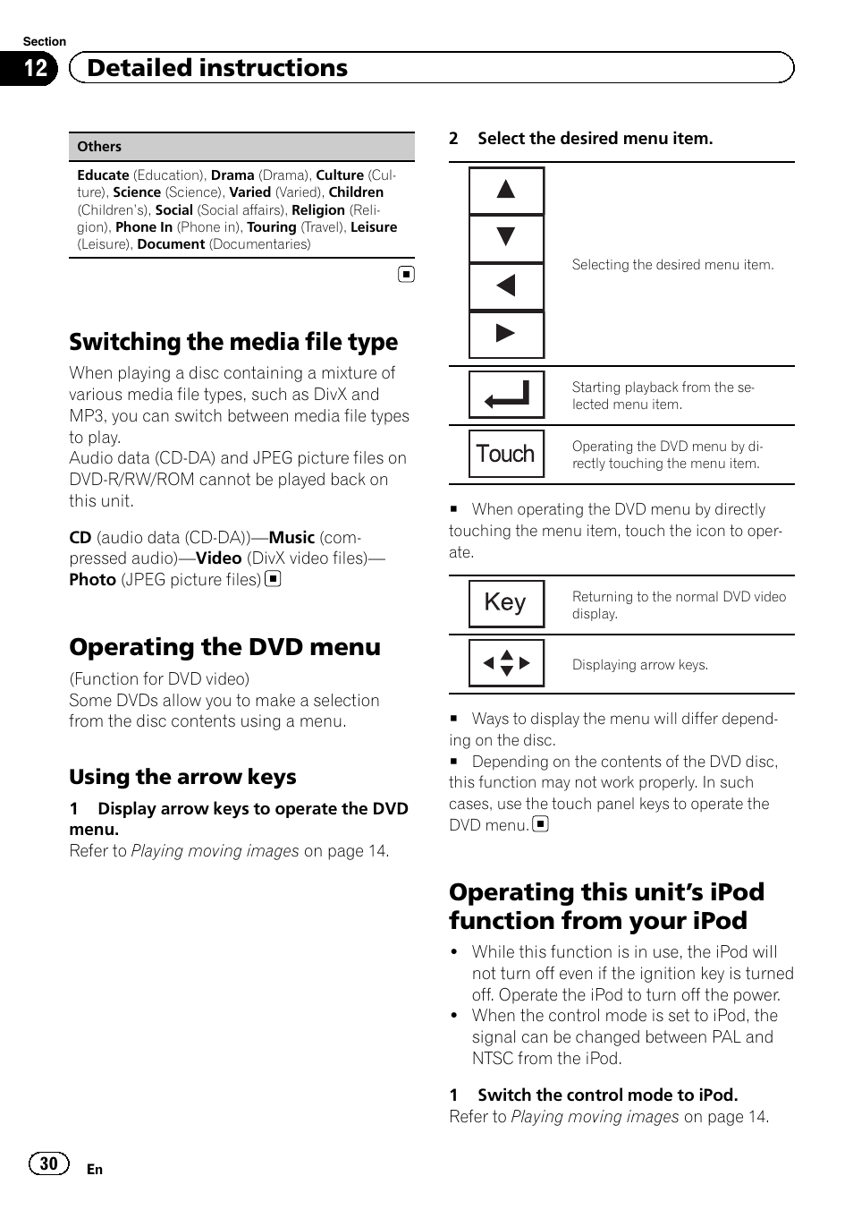 Switching the media file type, Operating the dvd menu, Operating this unit | S ipod function from your, Ipod, S ipod function from, 12 detailed instructions, Using the arrow keys | Pioneer AVH-P4200DVD User Manual | Page 30 / 96