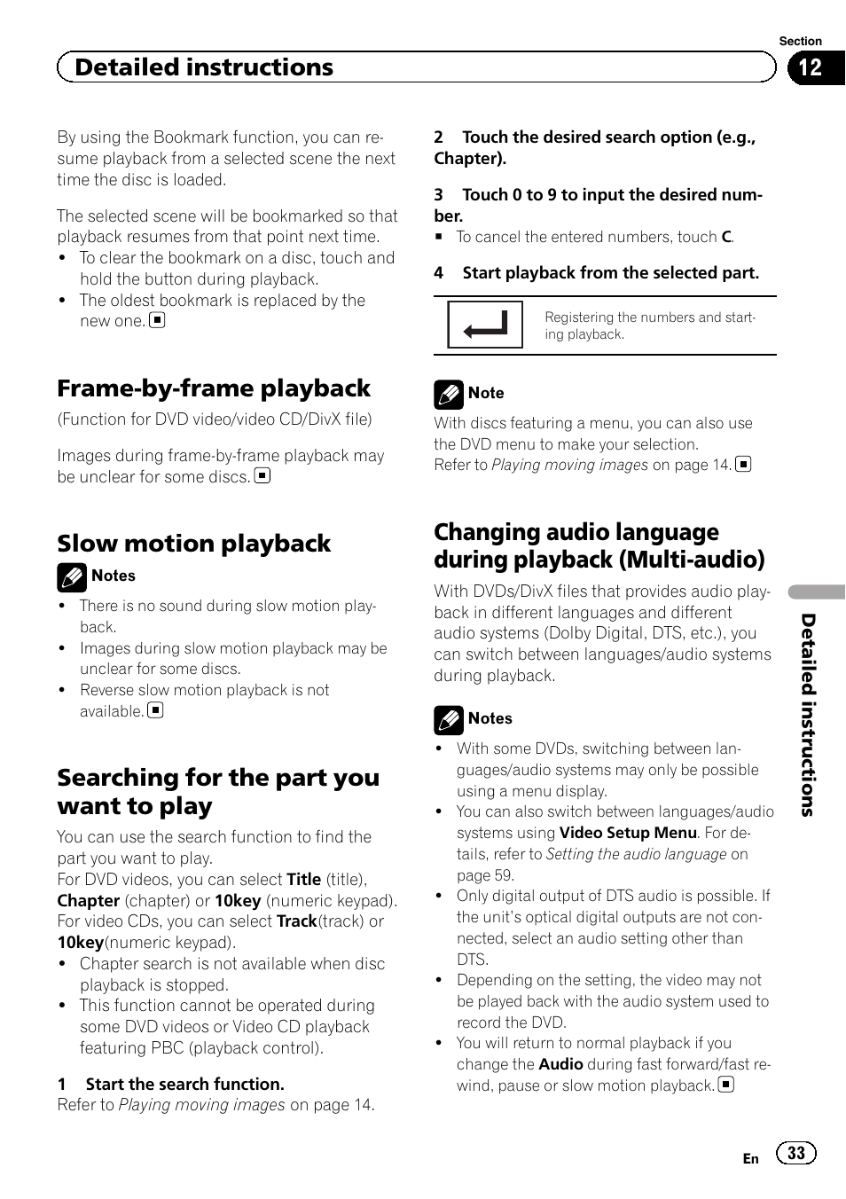 Frame-by-frame playback, Slow motion playback, Searching for the part you want to play | Changing audio language during playback, Multi-audio), Detailed instructions | Pioneer AVH-P4200DVD User Manual | Page 33 / 96