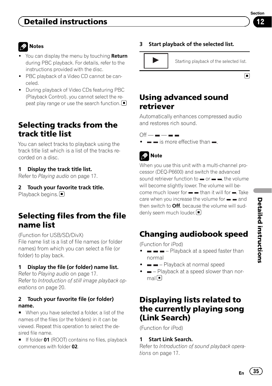 Selecting tracks from the track title list, Selecting files from the file name list, Using advanced sound retriever | Changing audiobook speed, Displaying lists related to the currently, Playing song (link search), Detailed instructions | Pioneer AVH-P4200DVD User Manual | Page 35 / 96