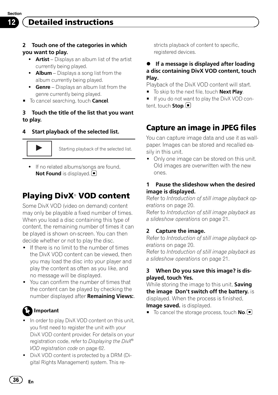 Playing divx, Â vod content 36, Capture an image in jpeg files | Vod content, 12 detailed instructions | Pioneer AVH-P4200DVD User Manual | Page 36 / 96