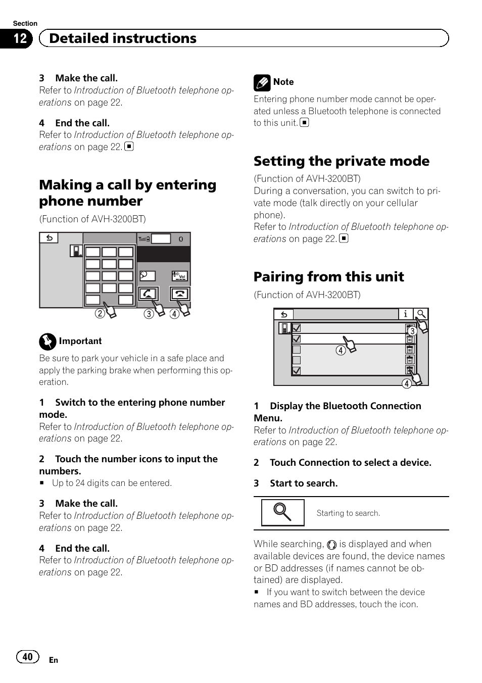 Making a call by entering phone number, Setting the private mode, Pairing from this unit | 12 detailed instructions | Pioneer AVH-P4200DVD User Manual | Page 40 / 96