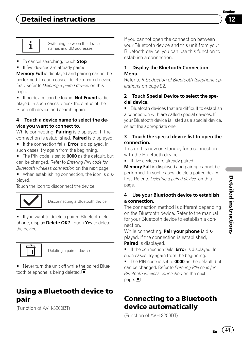 Using a bluetooth device to pair, Connecting to a bluetooth device, Automatically | Connecting to a bluetooth device automatically, Detailed instructions | Pioneer AVH-P4200DVD User Manual | Page 41 / 96