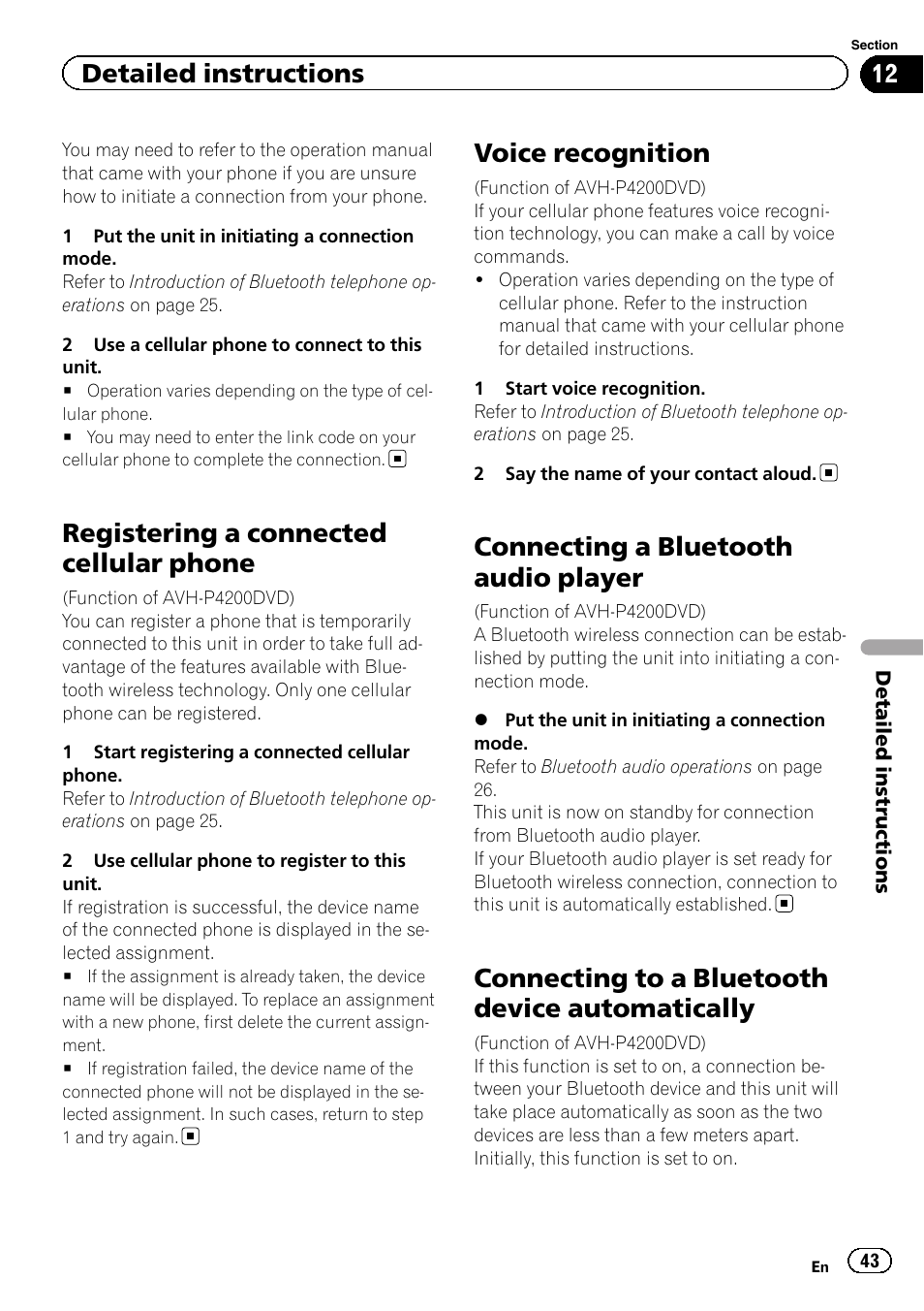 Registering a connected cellular phone, Voice recognition, Connecting a bluetooth audio player | Connecting to a bluetooth device, Automatically, Connecting to a bluetooth device automatically, Detailed instructions | Pioneer AVH-P4200DVD User Manual | Page 43 / 96