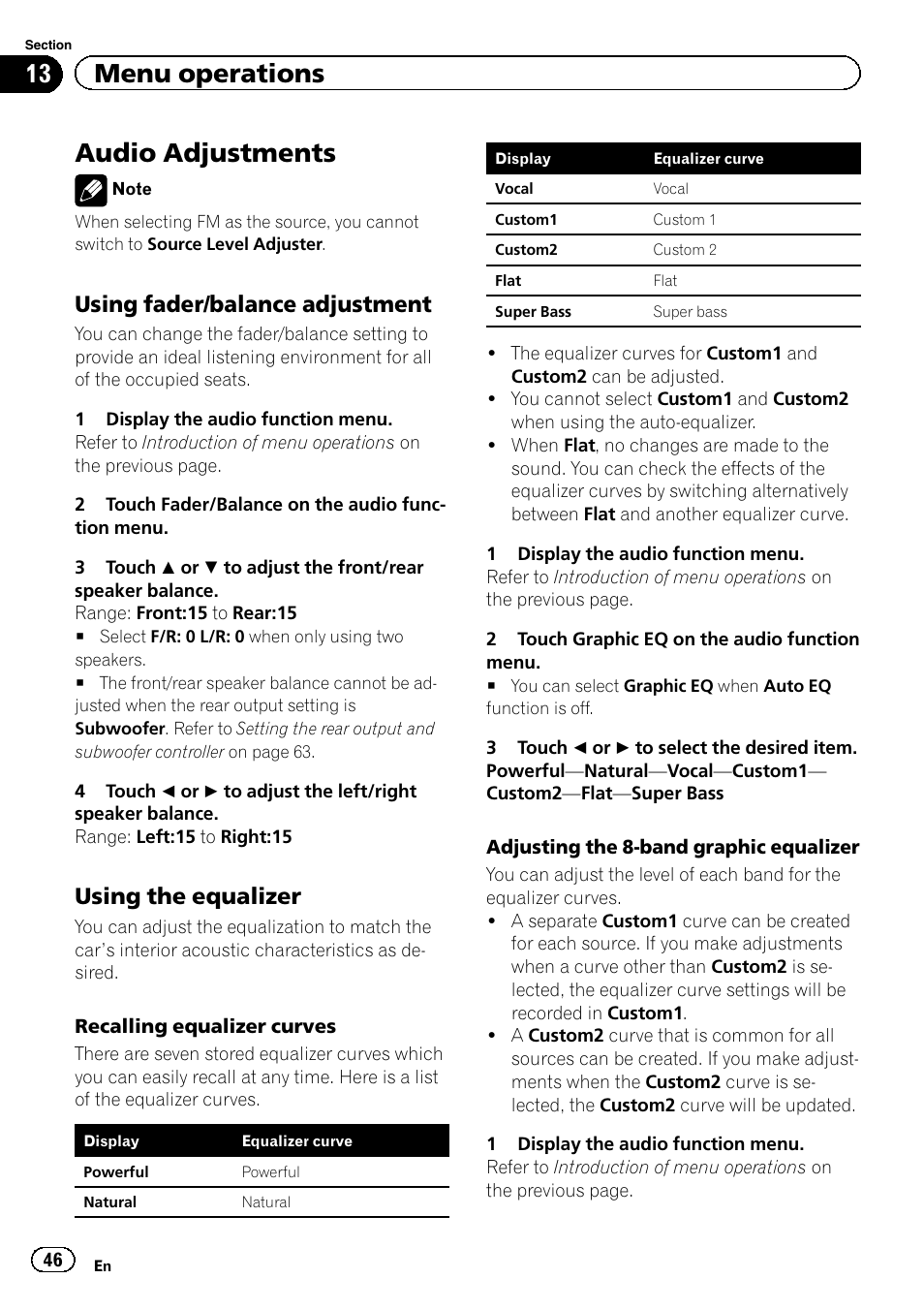 Audio adjustments, 13 menu operations, Using fader/balance adjustment | Using the equalizer | Pioneer AVH-P4200DVD User Manual | Page 46 / 96
