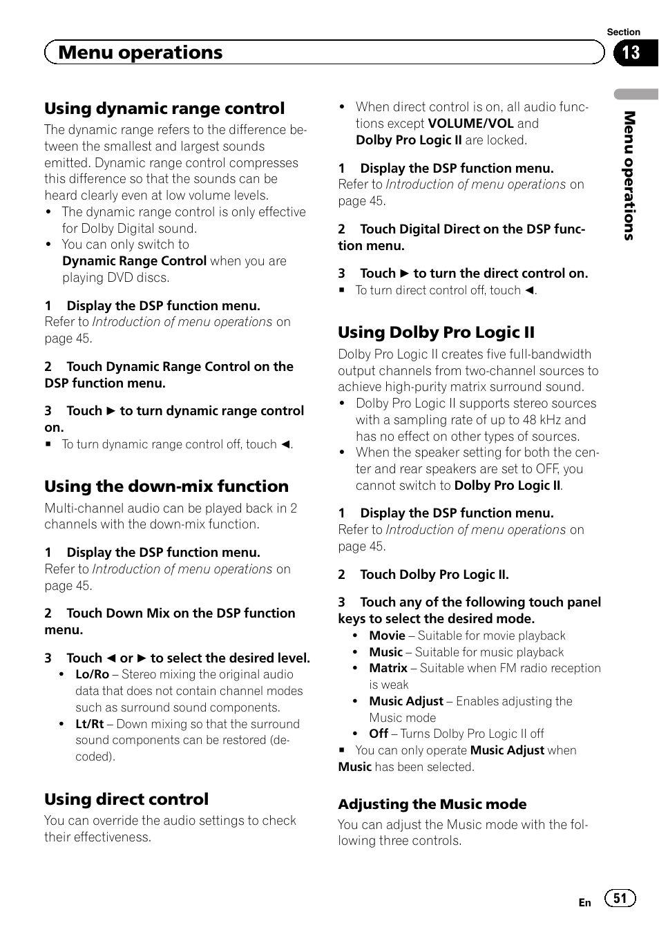 Menu operations, Using dynamic range control, Using the down-mix function | Using direct control, Using dolby pro logic ii | Pioneer AVH-P4200DVD User Manual | Page 51 / 96