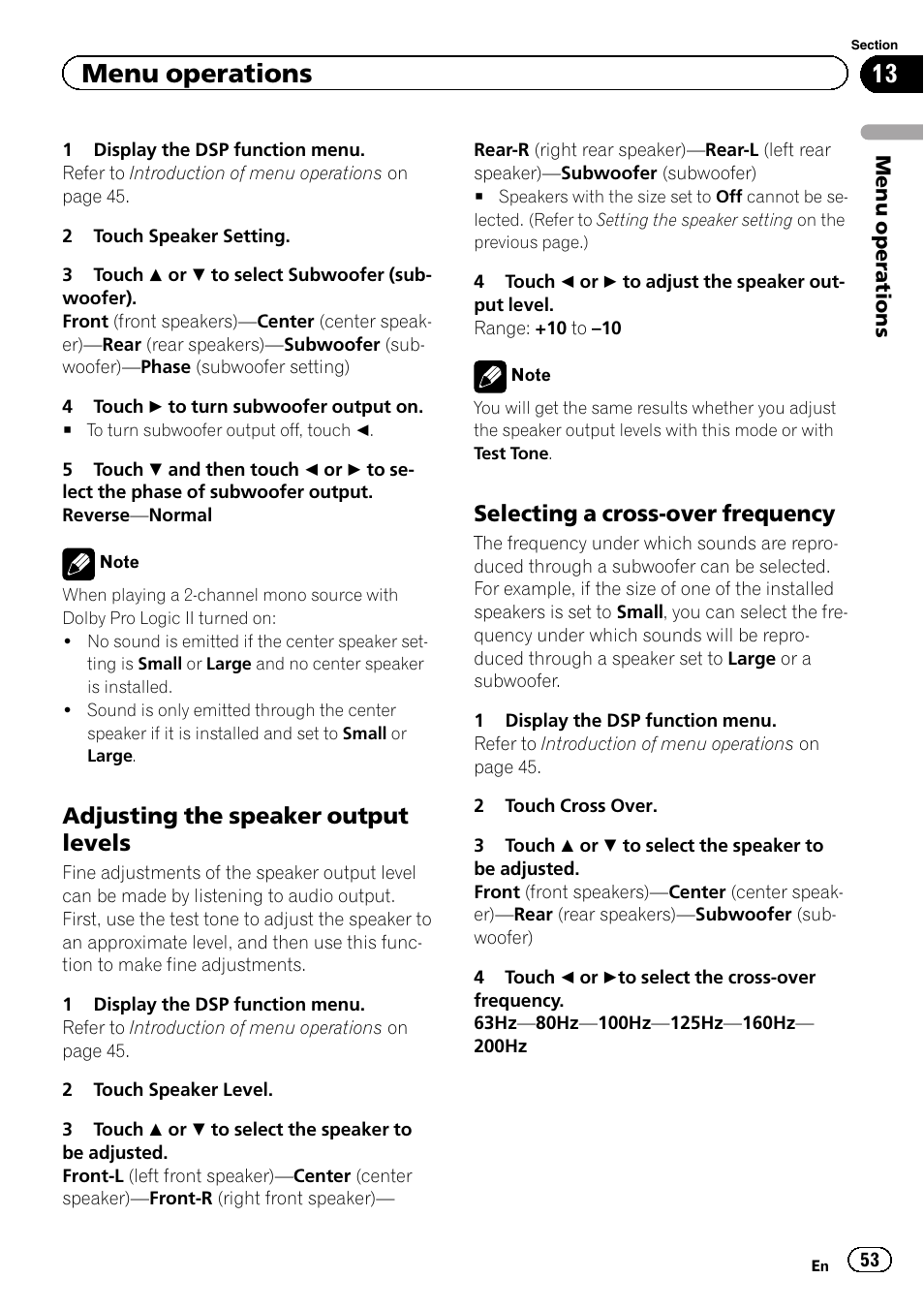 Selecting a cross-over frequency, Adjusting the speaker output levels, Menu operations | Pioneer AVH-P4200DVD User Manual | Page 53 / 96