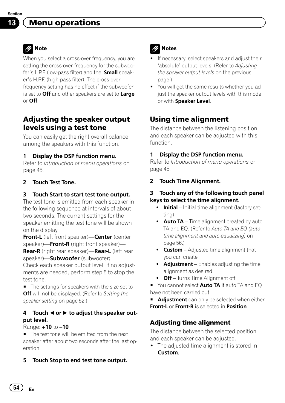 Adjusting time alignment, 13 menu operations, Using time alignment | Pioneer AVH-P4200DVD User Manual | Page 54 / 96