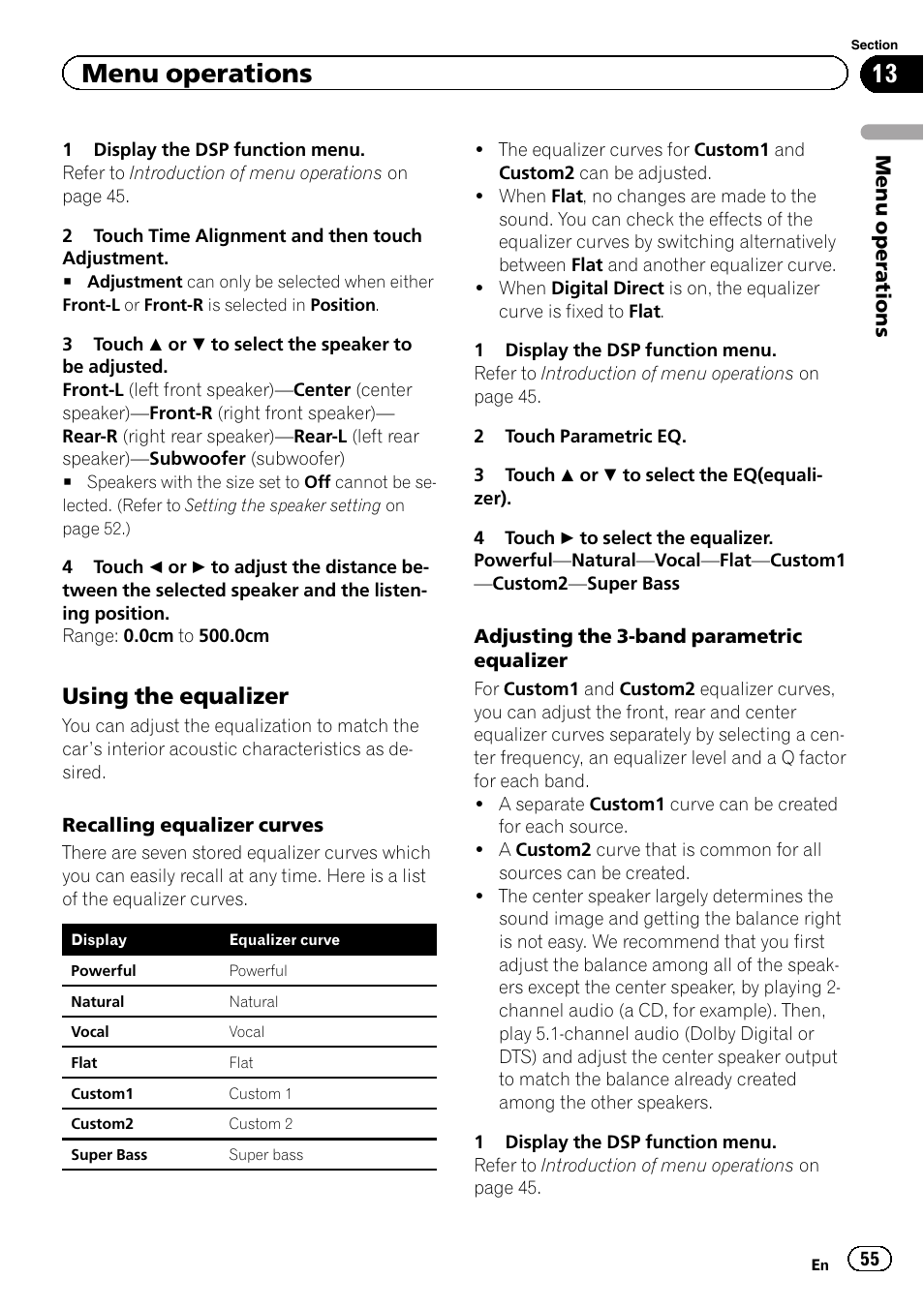 Adjusting the 3-band parametric equalizer, Menu operations, Using the equalizer | Pioneer AVH-P4200DVD User Manual | Page 55 / 96